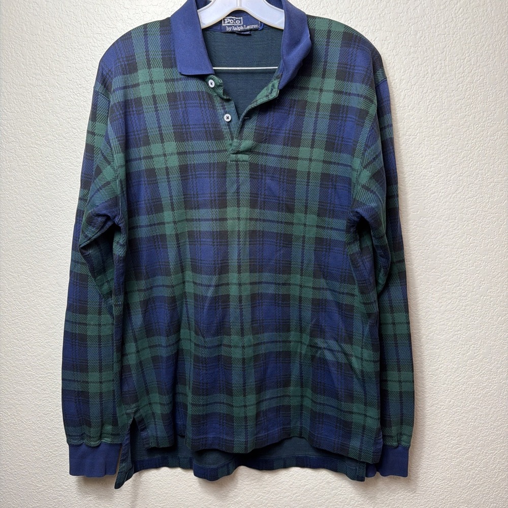 Polo Ralph Lauren Men L Black Watch Plaid Long Sleeve Polo Shirt Hong Kong Vtg.